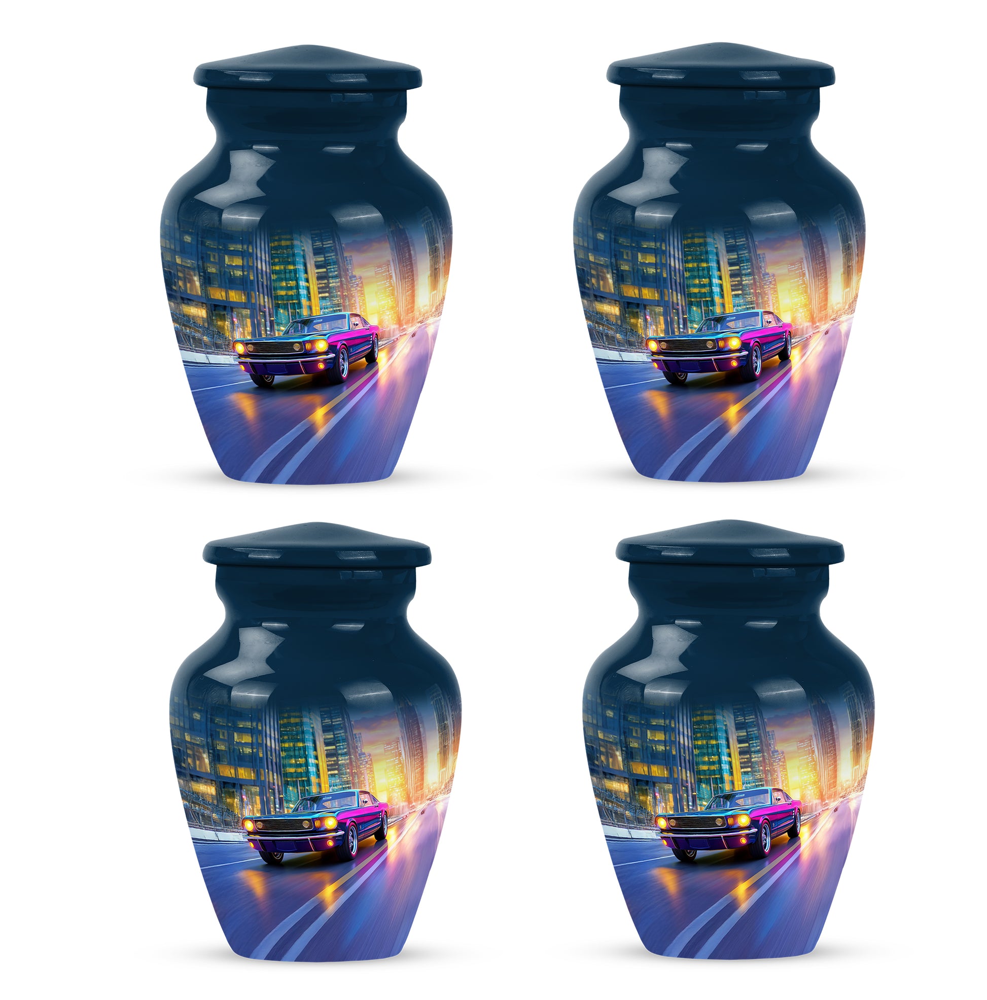 Dusty Blue Car Cremation Urn side profile showing urn shape - timeless car motif etched into premium metal - 10 inch aluminum urn for cremated remains