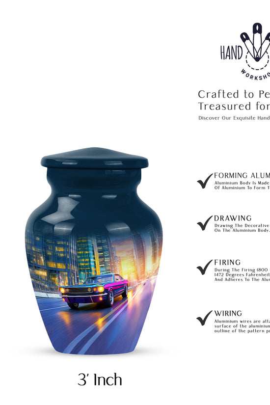 Calming Blue Car Cremation Urn close-up of engraving and surface detail - traditional car engraving with hand-polished finish - mini keepsake memorial for portion of cremation ashes