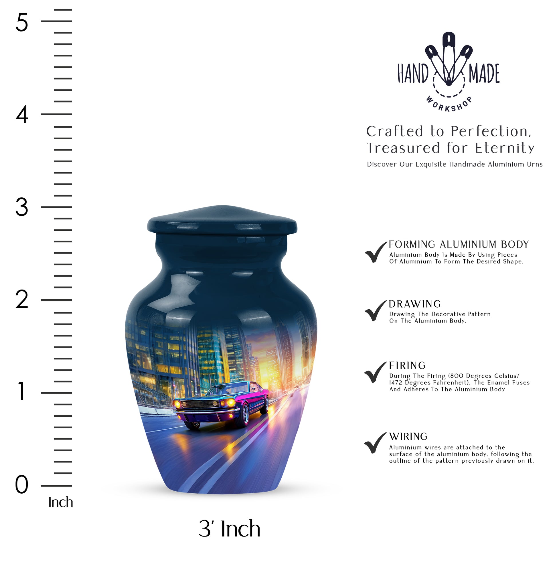 Calming Blue Car Cremation Urn close-up of engraving and surface detail - traditional car engraving with hand-polished finish - mini keepsake memorial for portion of cremation ashes