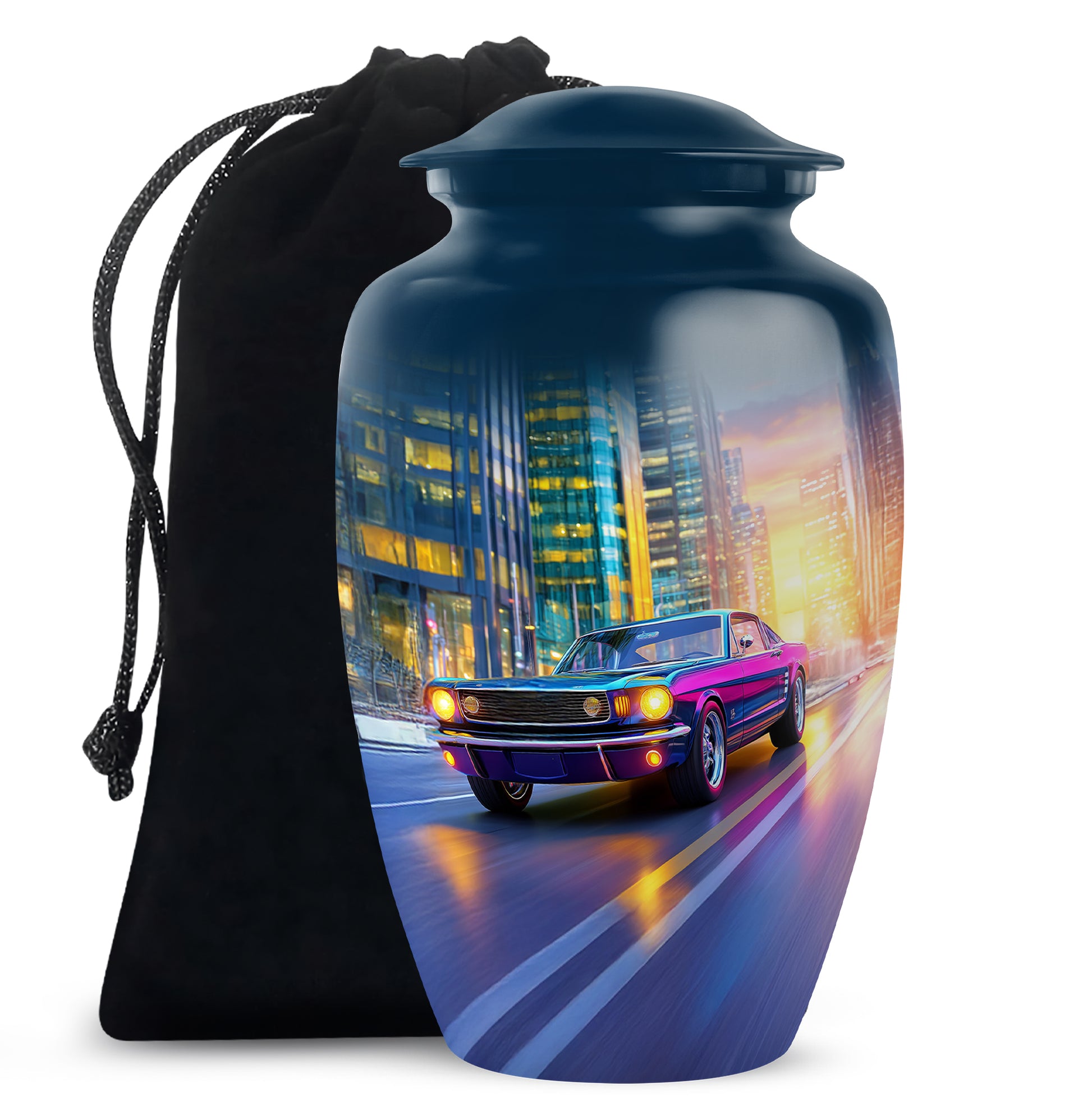 Celestial Blue Car Cremation Urn angled view of lid and engraved motif - classic sculpted car pattern on smooth aluminum - full-size 10 inch 200 cubic inch adult cremation urn