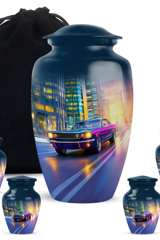Serene Blue Car Cremation Urn top-down view of secure threaded lid - traditional car engraving with hand-polished finish - memorial set with one large and four small urns