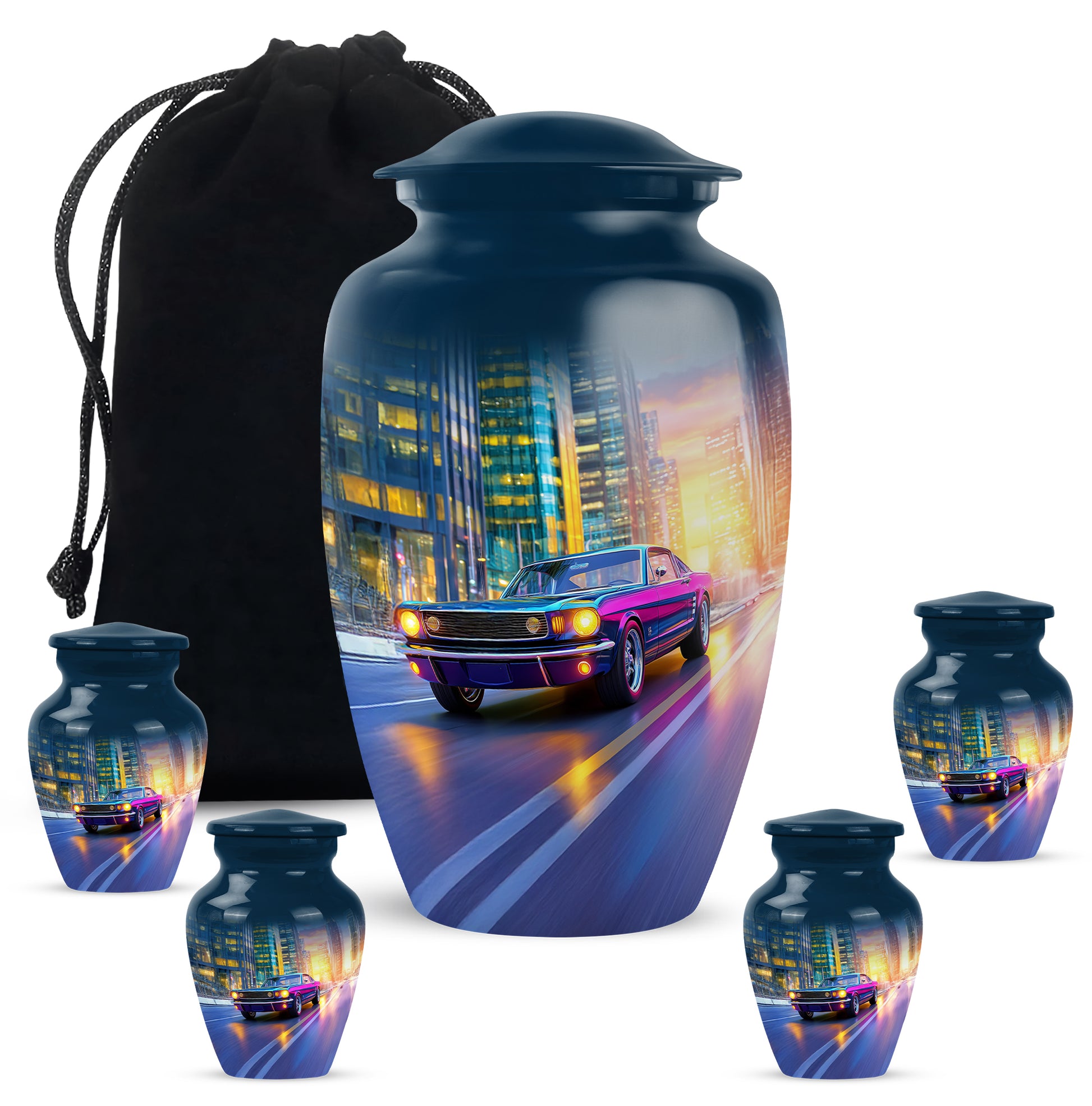 Serene Blue Car Cremation Urn top-down view of secure threaded lid - traditional car engraving with hand-polished finish - memorial set with one large and four small urns