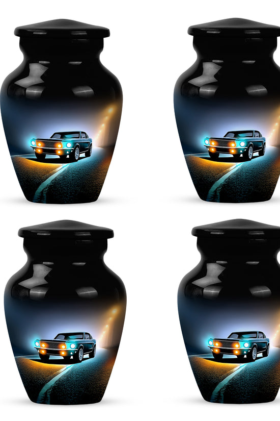 Glossy Black Car Cremation Urn side profile showing urn shape - classic sculpted car pattern on smooth aluminum - 10 inch aluminum urn for cremated remains