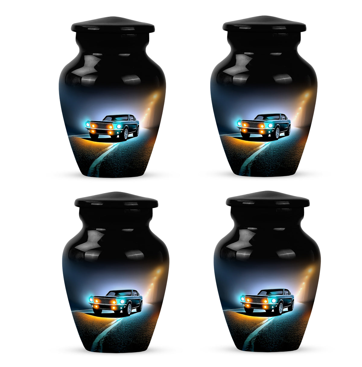 Glossy Black Car Cremation Urn side profile showing urn shape - classic sculpted car pattern on smooth aluminum - 10 inch aluminum urn for cremated remains