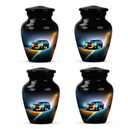Glossy Black Car Cremation Urn side profile showing urn shape - classic sculpted car pattern on smooth aluminum - 10 inch aluminum urn for cremated remains