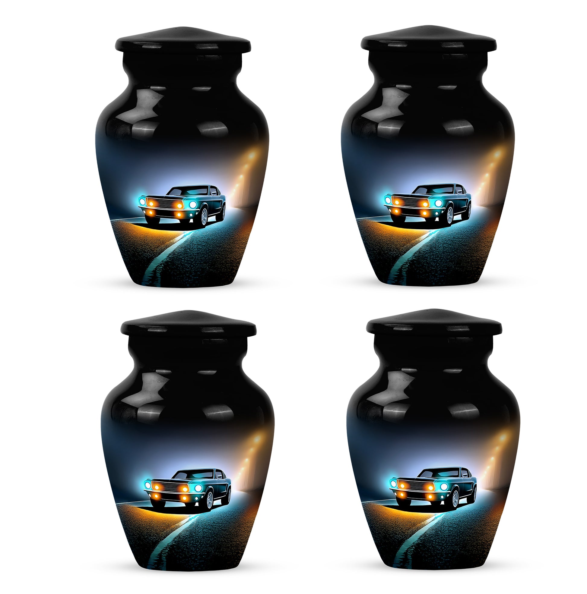 Glossy Black Car Cremation Urn side profile showing urn shape - classic sculpted car pattern on smooth aluminum - 10 inch aluminum urn for cremated remains