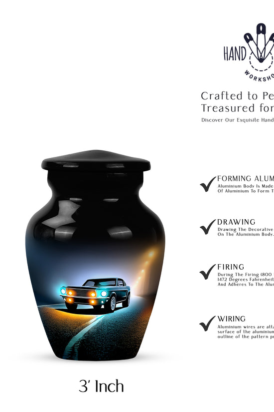 Midnight Black Car Cremation Urn close-up of engraving and surface detail - traditional car engraving with hand-polished finish - mini keepsake memorial for portion of cremation ashes