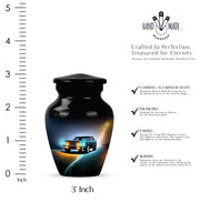 Midnight Black Car Cremation Urn close-up of engraving and surface detail - traditional car engraving with hand-polished finish - mini keepsake memorial for portion of cremation ashes