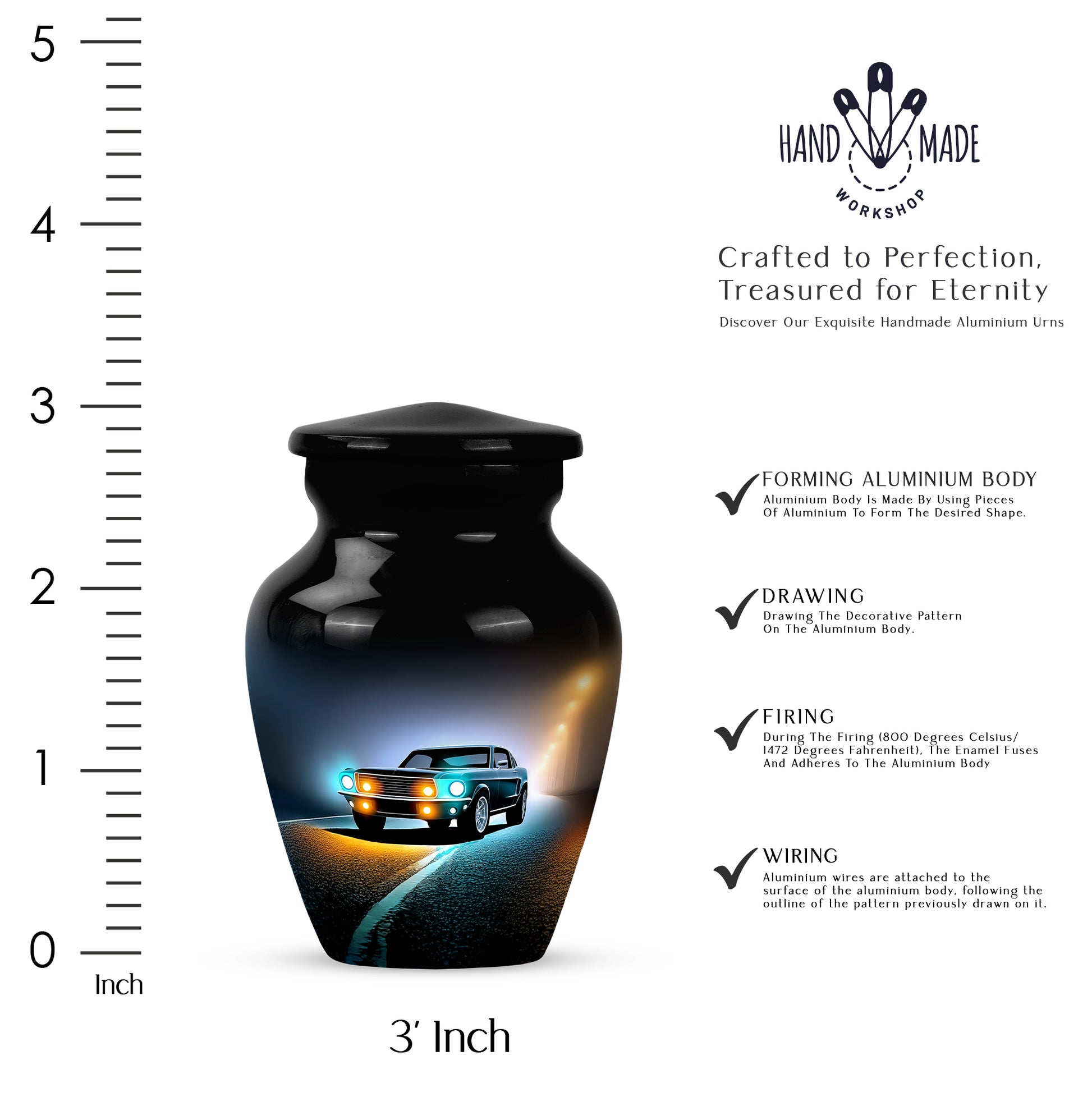 Midnight Black Car Cremation Urn close-up of engraving and surface detail - traditional car engraving with hand-polished finish - mini keepsake memorial for portion of cremation ashes
