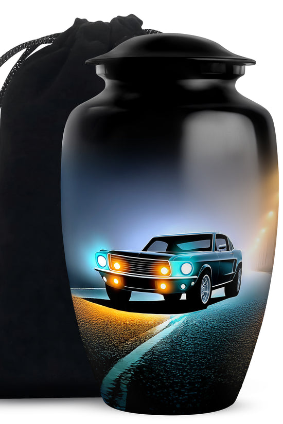 Obsidian Black Car Cremation Urn angled view of lid and engraved motif - traditional car engraving with hand-polished finish - full-size 10 inch 200 cubic inch adult cremation urn
