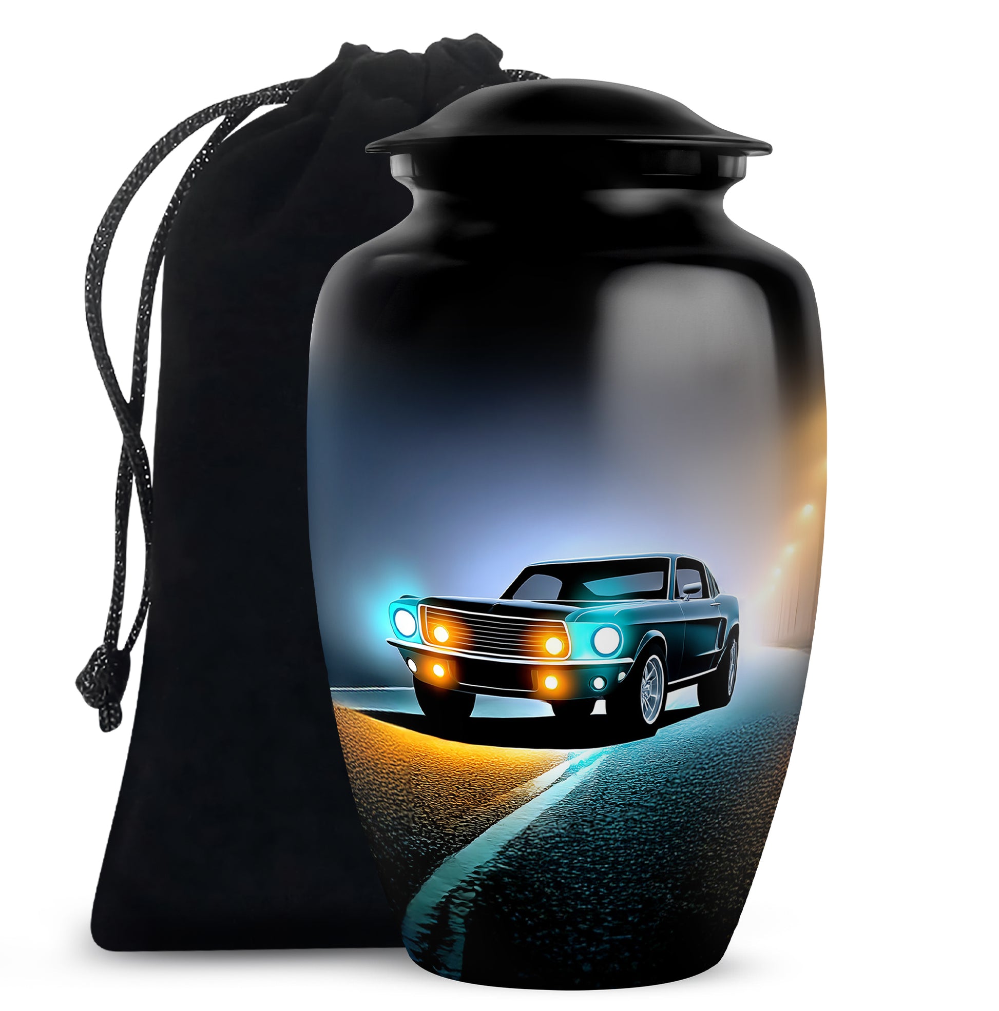 Obsidian Black Car Cremation Urn angled view of lid and engraved motif - traditional car engraving with hand-polished finish - full-size 10 inch 200 cubic inch adult cremation urn