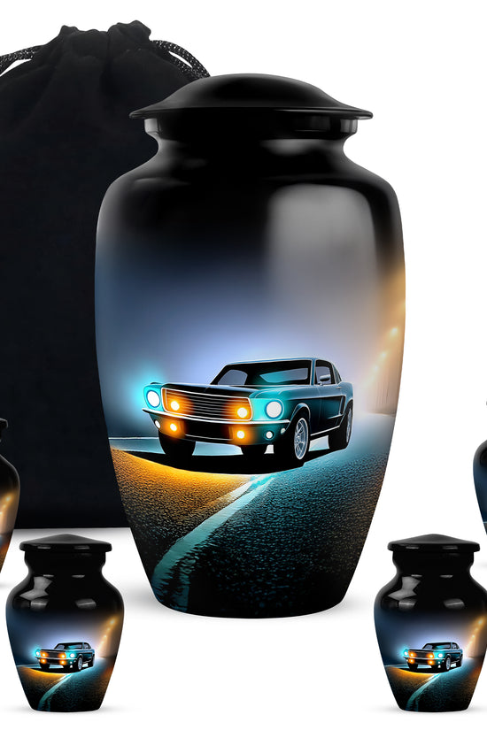 Jet Black Car Cremation Urn top-down view of secure threaded lid - timeless car motif etched into premium metal - memorial set with one large and four small urns