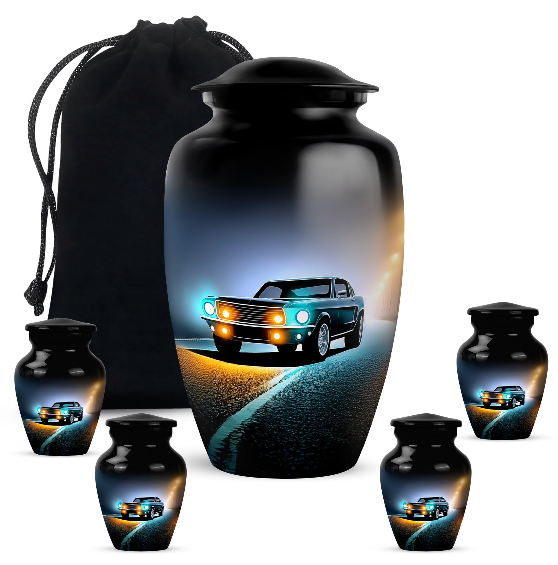 Jet Black Car Cremation Urn top-down view of secure threaded lid - timeless car motif etched into premium metal - memorial set with one large and four small urns