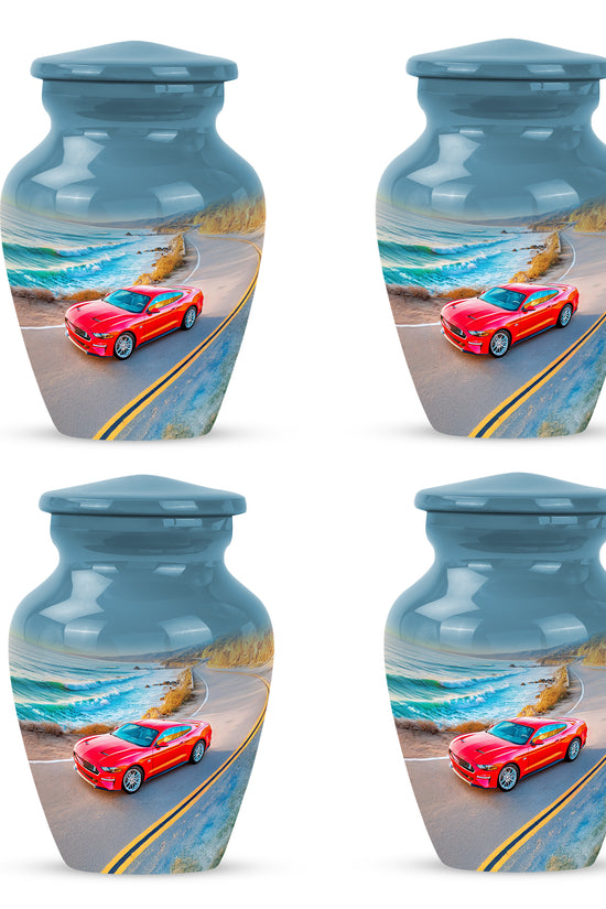 Sky Blue Car Cremation Urn side profile showing urn shape - timeless car motif etched into premium metal - 10 inch aluminum urn for cremated remains