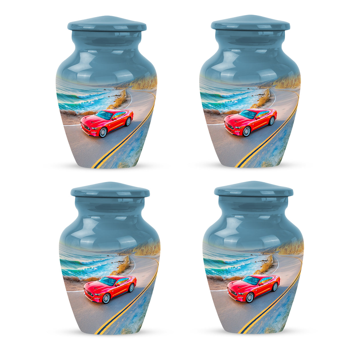 Sky Blue Car Cremation Urn side profile showing urn shape - timeless car motif etched into premium metal - 10 inch aluminum urn for cremated remains