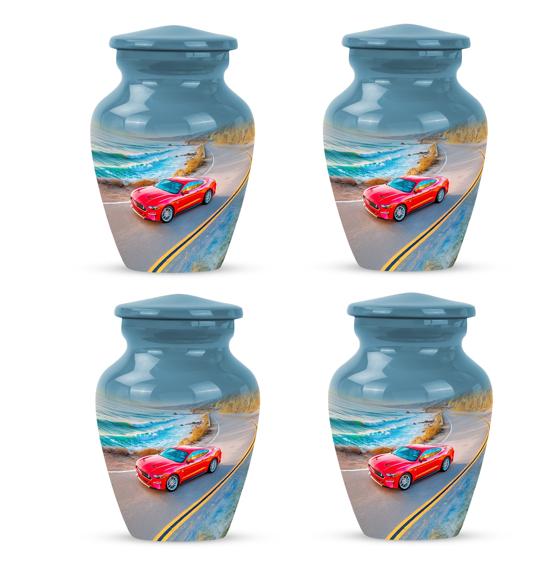 Sky Blue Car Cremation Urn side profile showing urn shape - timeless car motif etched into premium metal - 10 inch aluminum urn for cremated remains