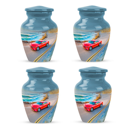 Sky Blue Car Cremation Urn side profile showing urn shape - timeless car motif etched into premium metal - 10 inch aluminum urn for cremated remains