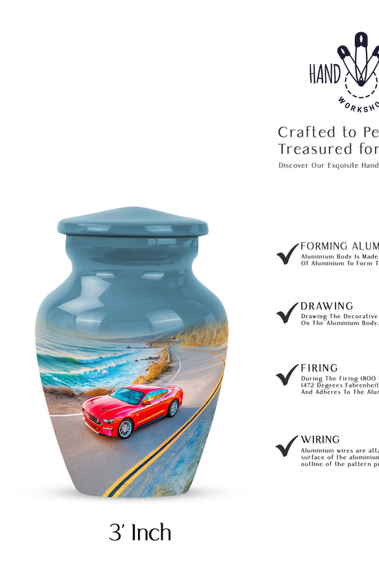 Pastel Blue Car Cremation Urn close-up of engraving and surface detail - classic sculpted car pattern on smooth aluminum - mini keepsake memorial for portion of cremation ashes