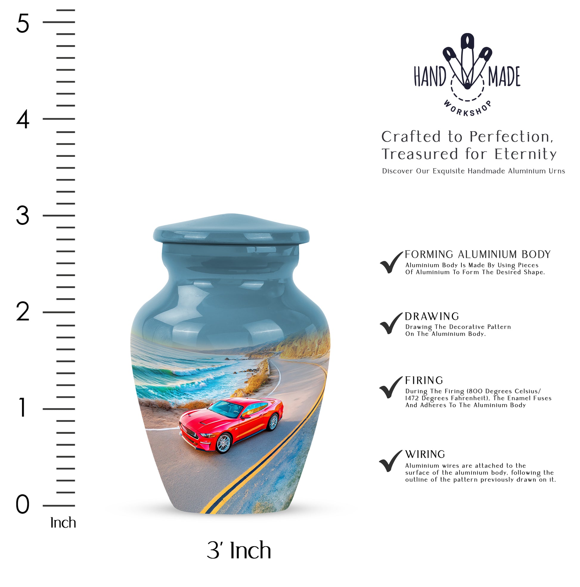 Pastel Blue Car Cremation Urn close-up of engraving and surface detail - classic sculpted car pattern on smooth aluminum - mini keepsake memorial for portion of cremation ashes