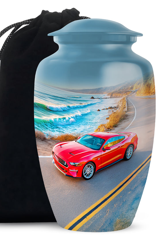 Royal Blue Car Cremation Urn angled view of lid and engraved motif - elegant classic car relief with fine detailing - full-size 10 inch 200 cubic inch adult cremation urn