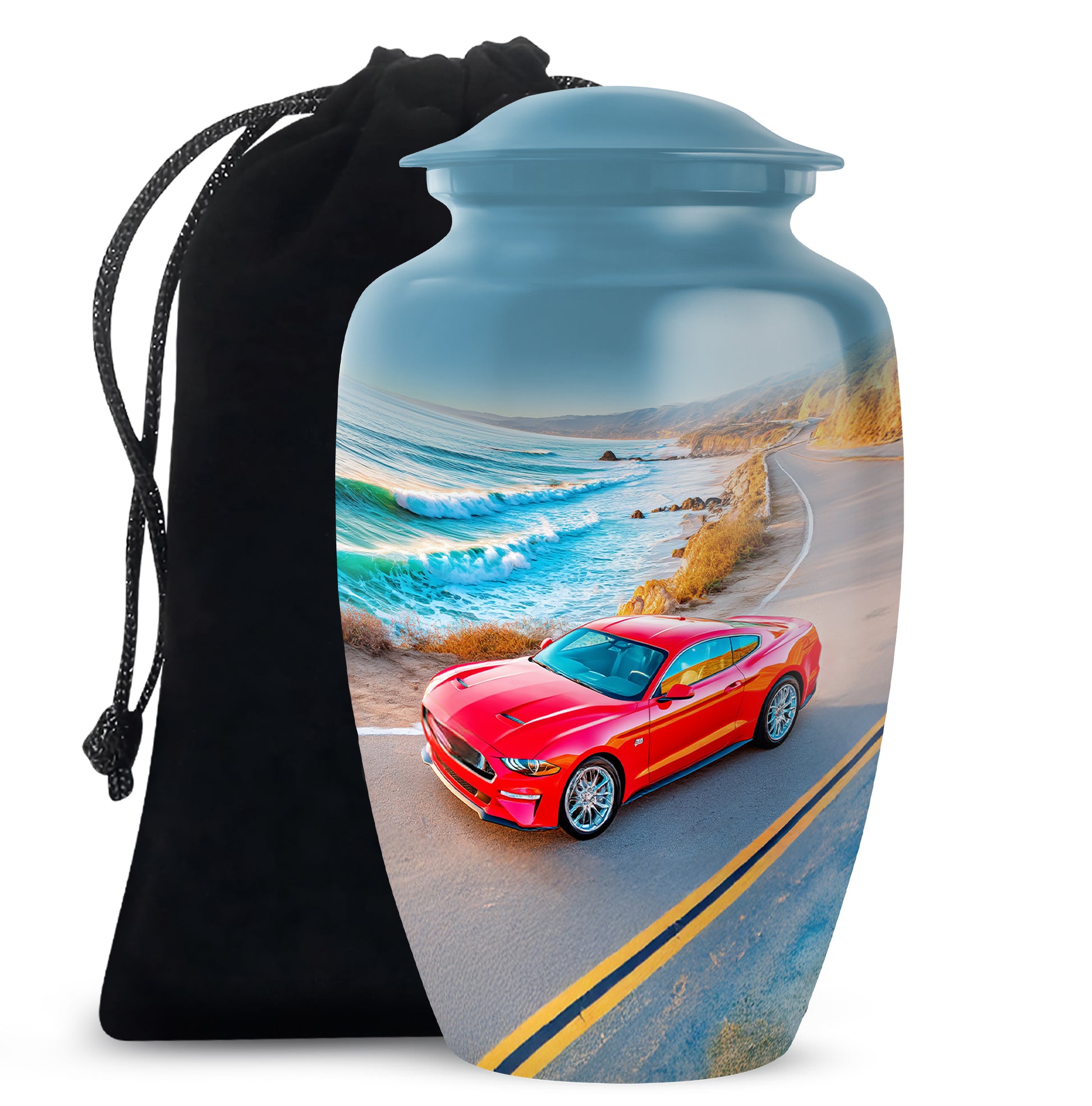 Royal Blue Car Cremation Urn angled view of lid and engraved motif - elegant classic car relief with fine detailing - full-size 10 inch 200 cubic inch adult cremation urn