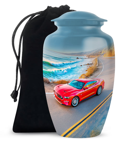 Royal Blue Car Cremation Urn angled view of lid and engraved motif - elegant classic car relief with fine detailing - full-size 10 inch 200 cubic inch adult cremation urn