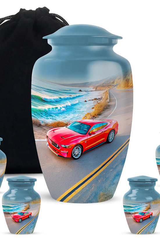 Twilight Blue Car Cremation Urn top-down view of secure threaded lid - traditional car engraving with hand-polished finish - memorial set with one large and four small urns