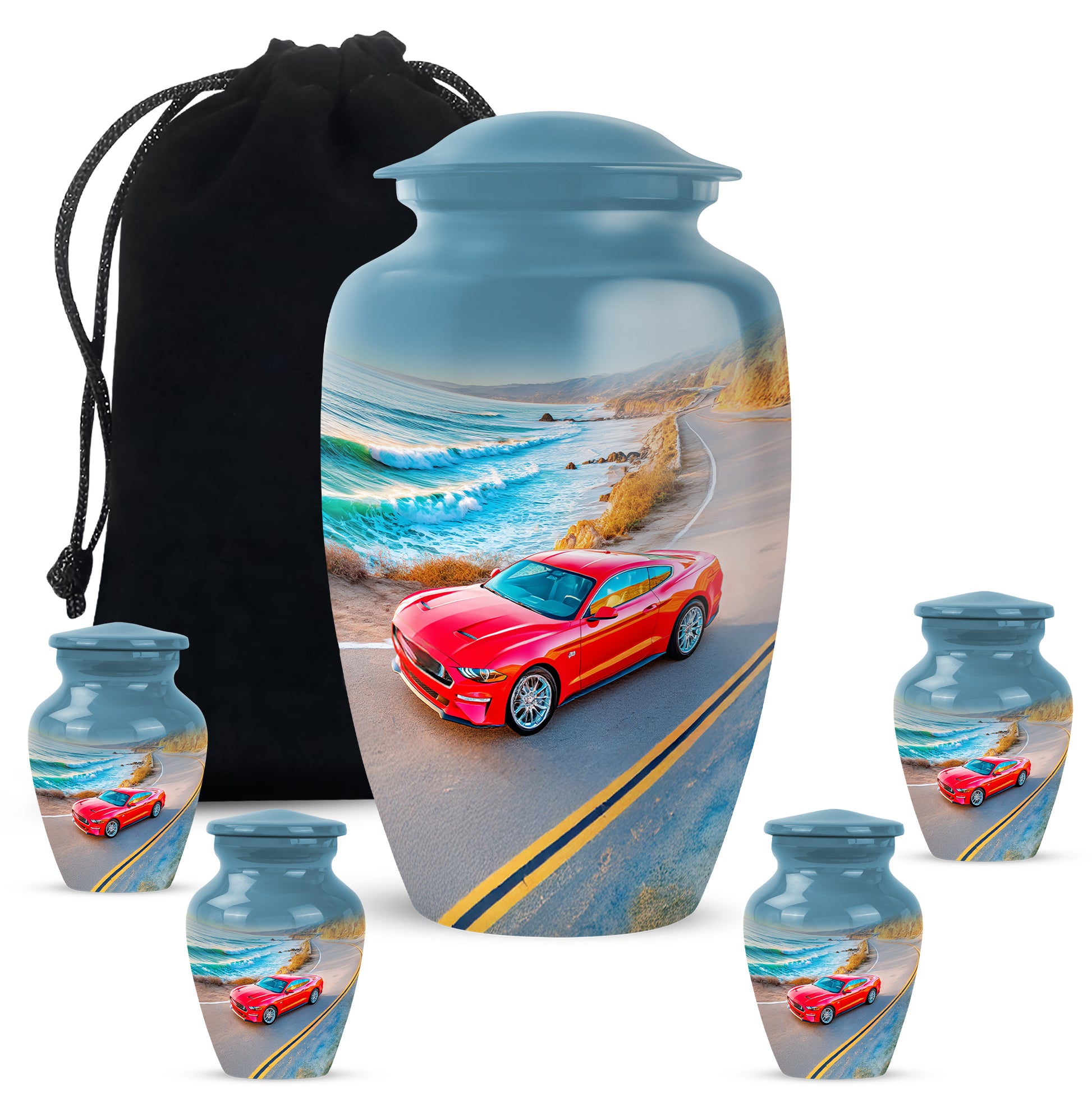 Twilight Blue Car Cremation Urn top-down view of secure threaded lid - traditional car engraving with hand-polished finish - memorial set with one large and four small urns