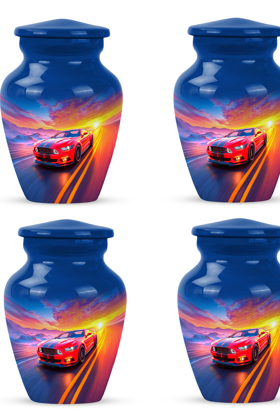 Azure Car Cremation Urn side profile showing urn shape - classic sculpted car pattern on smooth aluminum - 10 inch aluminum urn for cremated remains