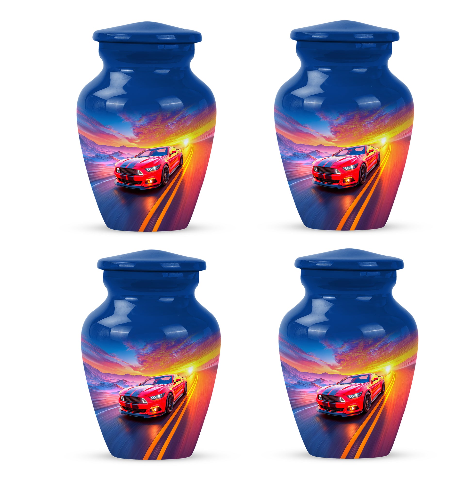 Azure Car Cremation Urn side profile showing urn shape - classic sculpted car pattern on smooth aluminum - 10 inch aluminum urn for cremated remains