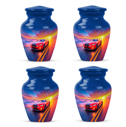 Azure Car Cremation Urn side profile showing urn shape - classic sculpted car pattern on smooth aluminum - 10 inch aluminum urn for cremated remains