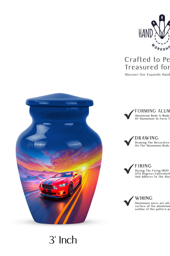 Royal Blue Car Cremation Urn close-up of engraving and surface detail - traditional car engraving with hand-polished finish - mini keepsake memorial for portion of cremation ashes