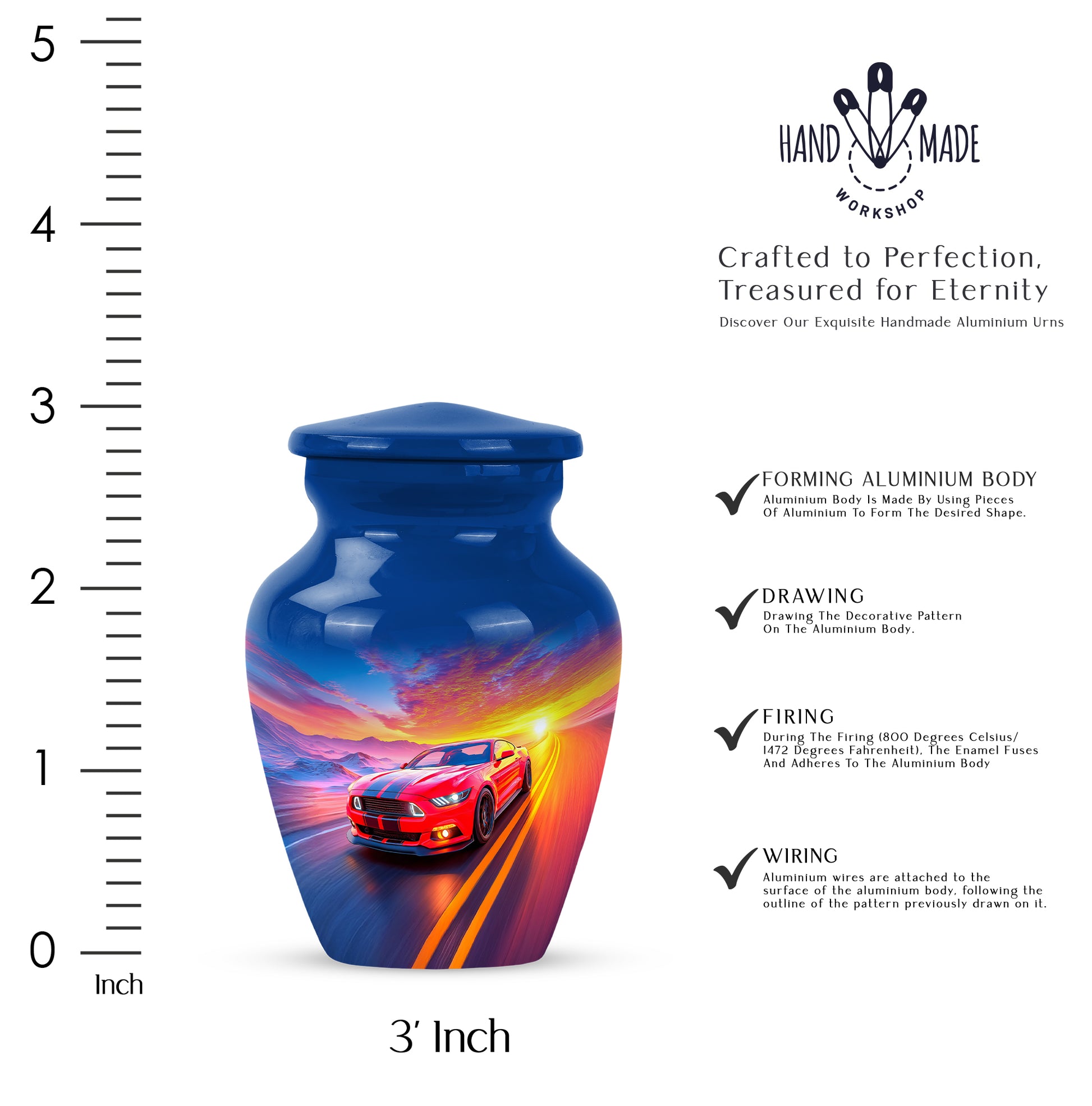 Royal Blue Car Cremation Urn close-up of engraving and surface detail - traditional car engraving with hand-polished finish - mini keepsake memorial for portion of cremation ashes