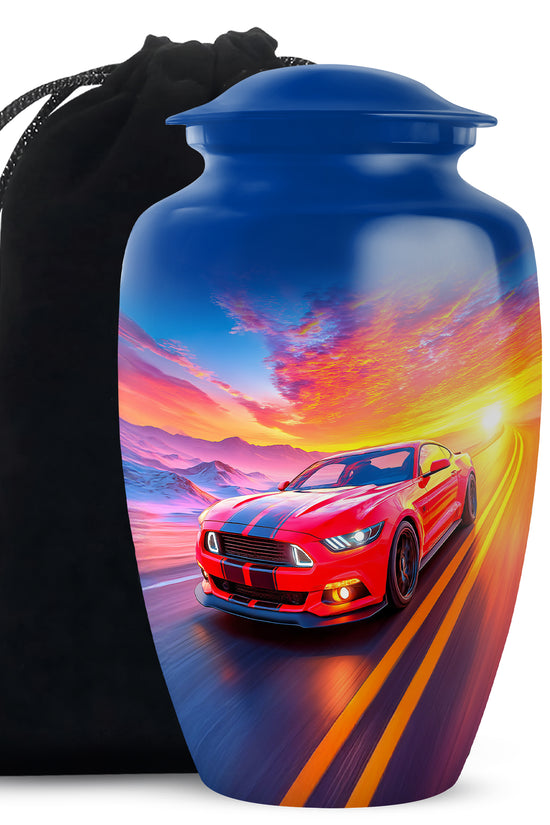 Misty Blue Car Cremation Urn angled view of lid and engraved motif - timeless car motif etched into premium metal - full-size 10 inch 200 cubic inch adult cremation urn