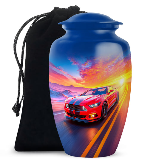 Misty Blue Car Cremation Urn angled view of lid and engraved motif - timeless car motif etched into premium metal - full-size 10 inch 200 cubic inch adult cremation urn