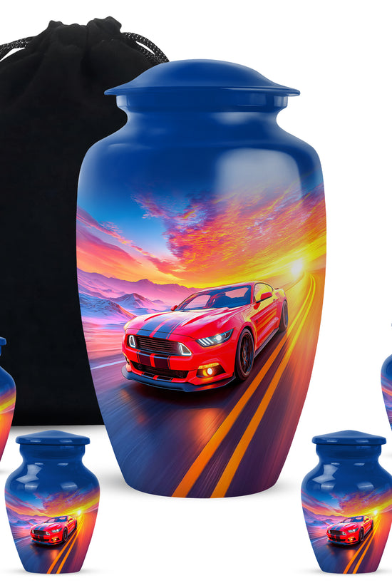 Slate Blue Car Cremation Urn top-down view of secure threaded lid - timeless car motif etched into premium metal - memorial set with one large and four small urns