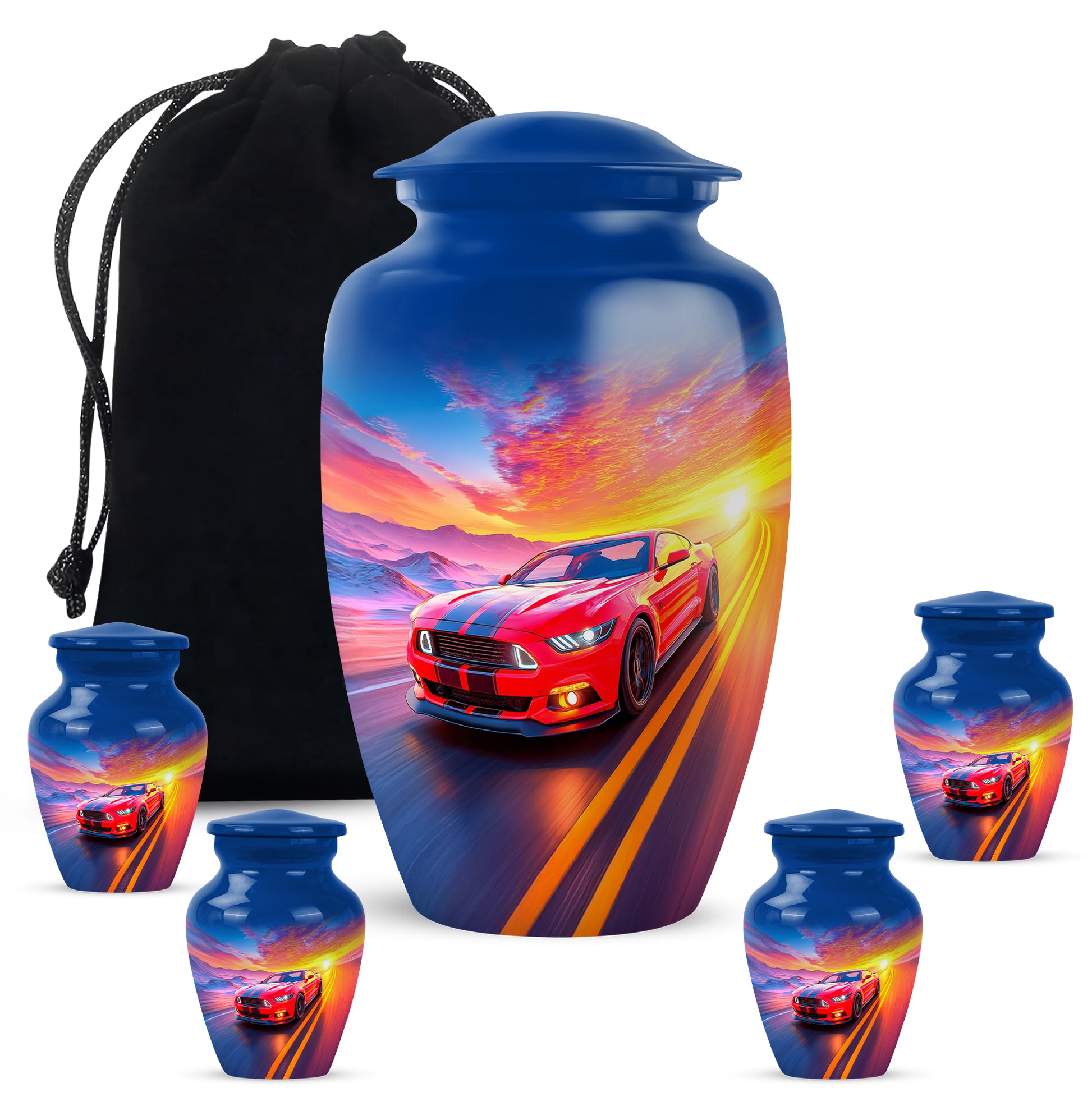 Slate Blue Car Cremation Urn top-down view of secure threaded lid - timeless car motif etched into premium metal - memorial set with one large and four small urns