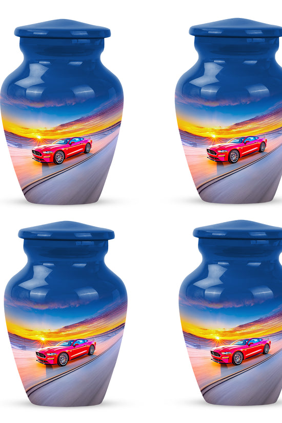 Sapphire Blue Car Cremation Urn side profile showing urn shape - elegant classic car relief with fine detailing - 10 inch aluminum urn for cremated remains