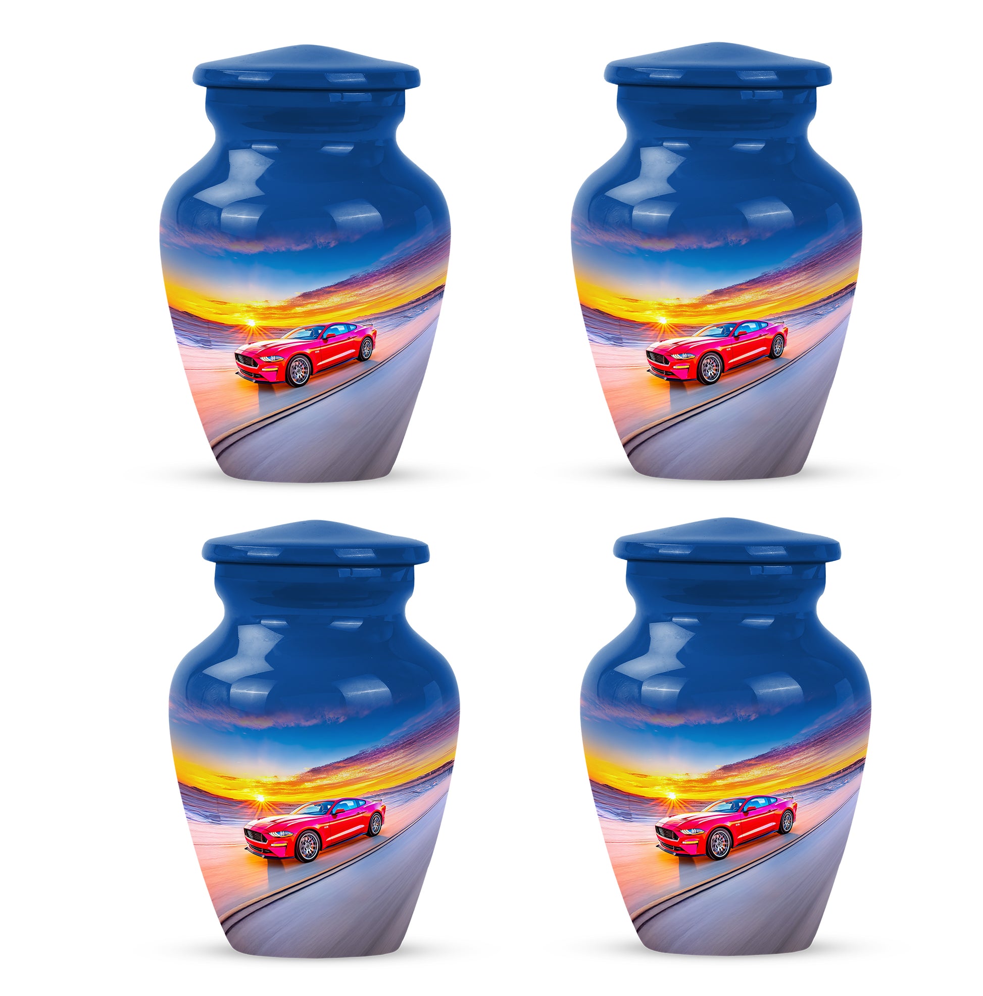 Sapphire Blue Car Cremation Urn side profile showing urn shape - elegant classic car relief with fine detailing - 10 inch aluminum urn for cremated remains