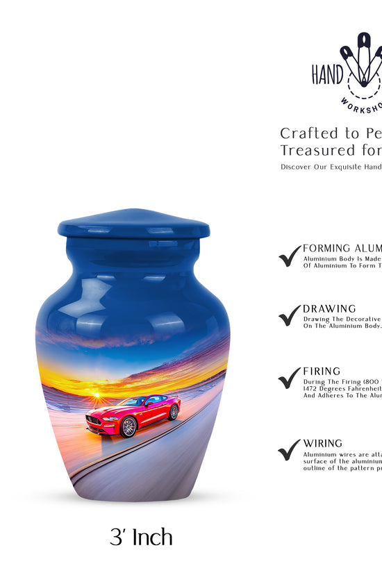 Icy Blue Car Cremation Urn close-up of engraving and surface detail - timeless car motif etched into premium metal - mini keepsake memorial for portion of cremation ashes