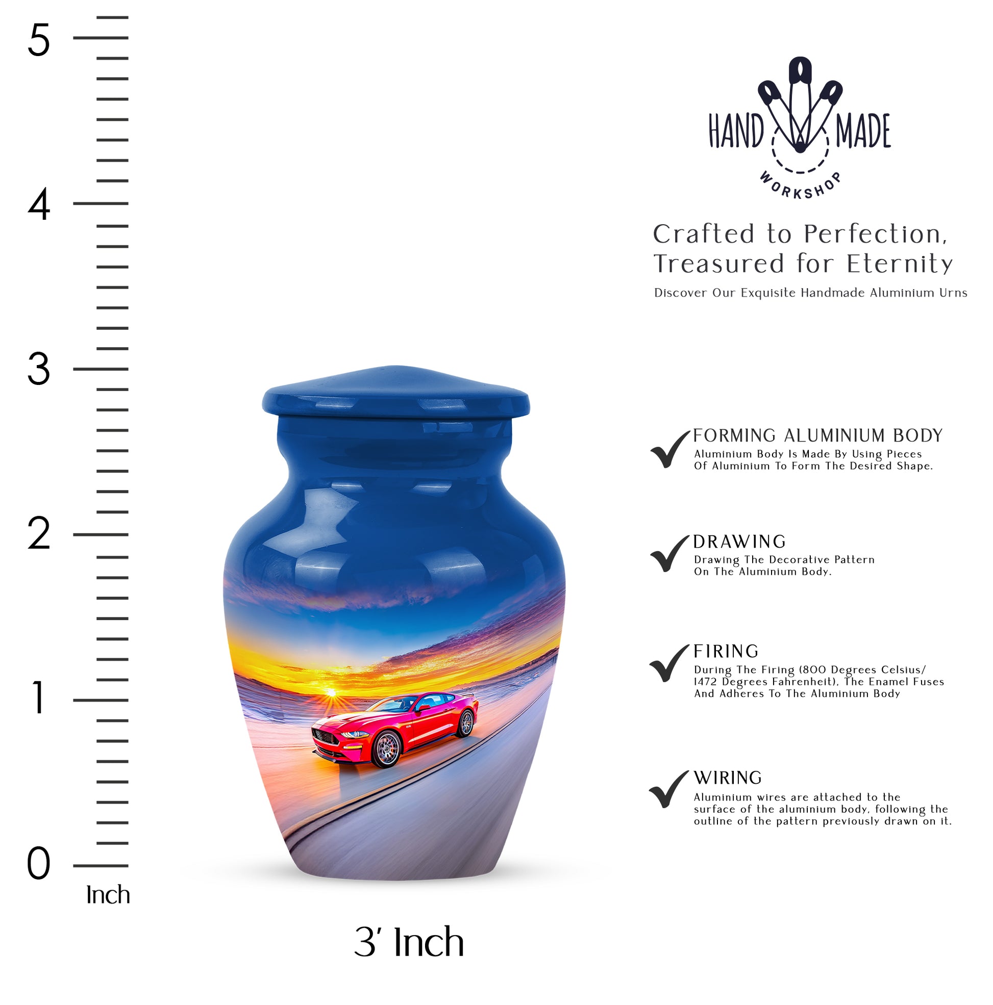 Icy Blue Car Cremation Urn close-up of engraving and surface detail - timeless car motif etched into premium metal - mini keepsake memorial for portion of cremation ashes
