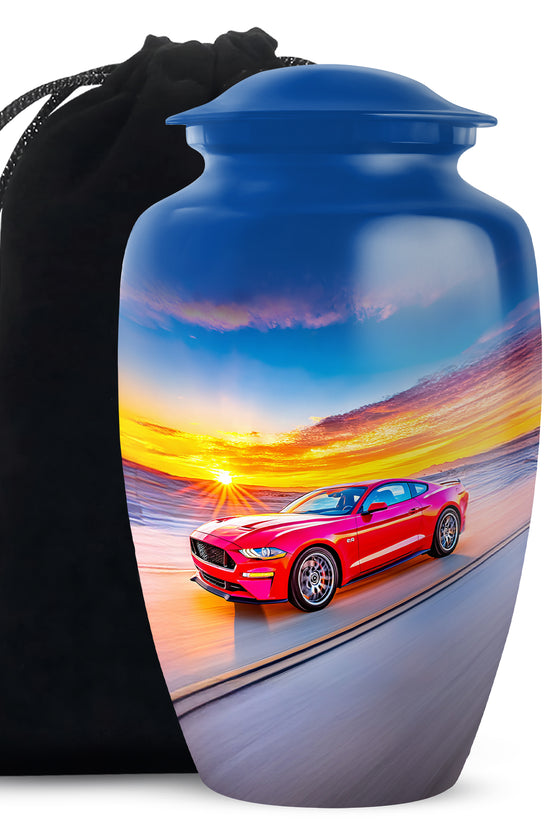 Powder Blue Car Cremation Urn angled view of lid and engraved motif - timeless car motif etched into premium metal - full-size 10 inch 200 cubic inch adult cremation urn