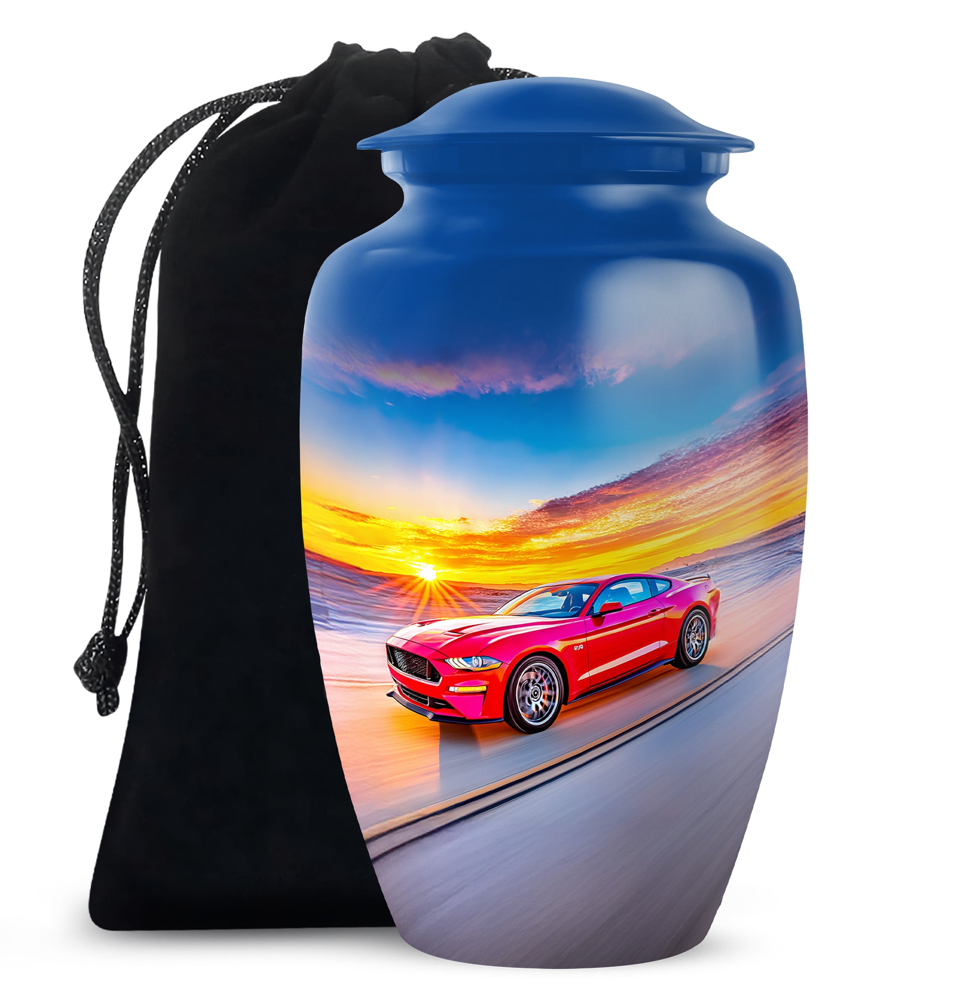 Powder Blue Car Cremation Urn angled view of lid and engraved motif - timeless car motif etched into premium metal - full-size 10 inch 200 cubic inch adult cremation urn