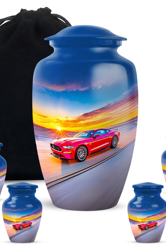 Cornflower Blue Car Cremation Urn top-down view of secure threaded lid - elegant classic car relief with fine detailing - memorial set with one large and four small urns