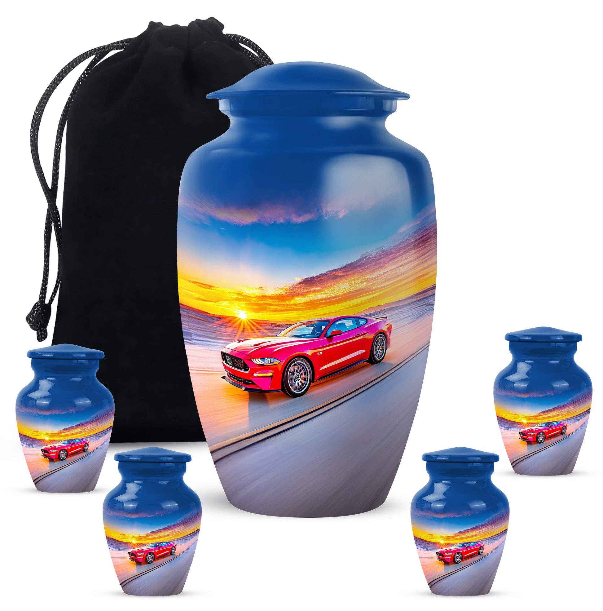 Cornflower Blue Car Cremation Urn top-down view of secure threaded lid - elegant classic car relief with fine detailing - memorial set with one large and four small urns