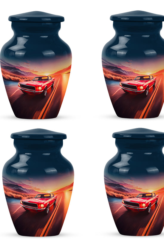 Soft Blue Car Cremation Urn side profile showing urn shape - traditional car engraving with hand-polished finish - 10 inch aluminum urn for cremated remains