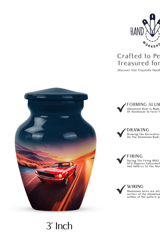 Celestial Blue Car Cremation Urn close-up of engraving and surface detail - classic sculpted car pattern on smooth aluminum - mini keepsake memorial for portion of cremation ashes