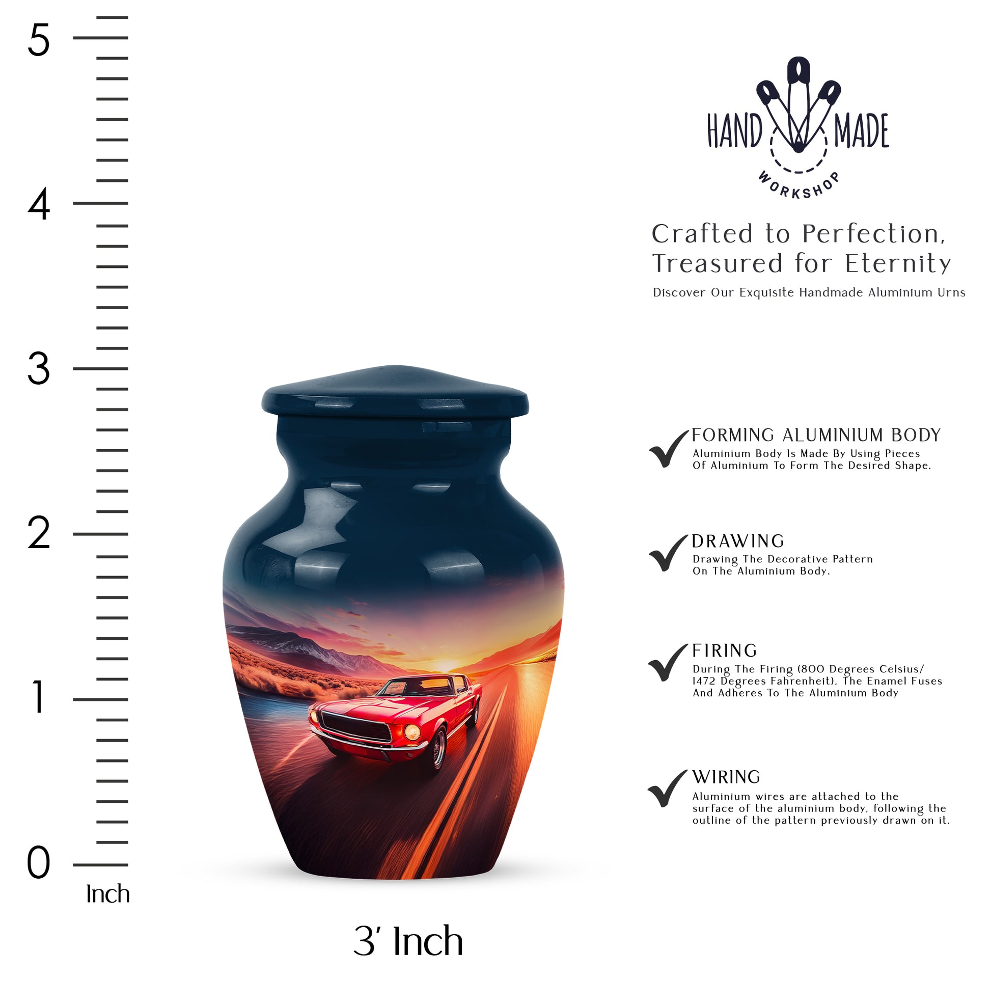 Celestial Blue Car Cremation Urn close-up of engraving and surface detail - classic sculpted car pattern on smooth aluminum - mini keepsake memorial for portion of cremation ashes