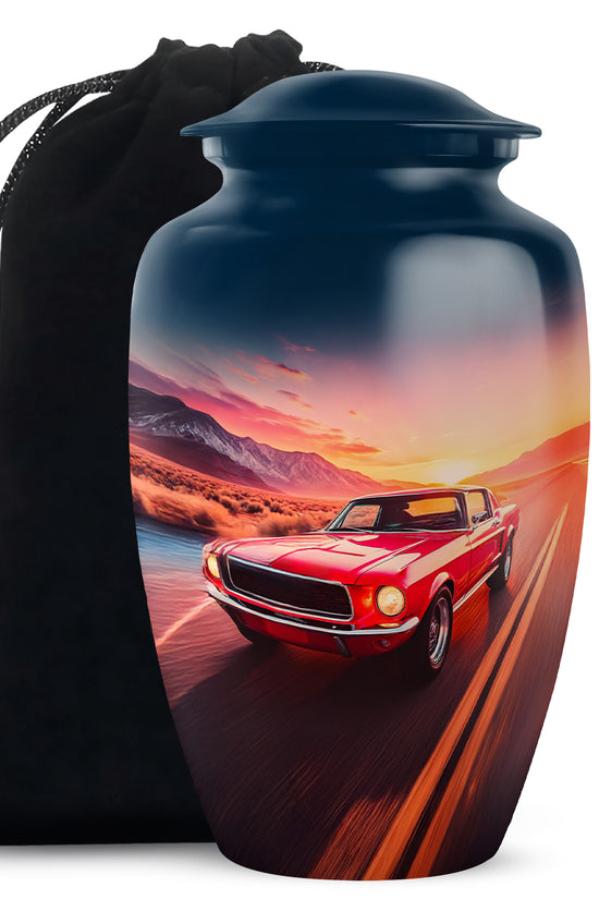 Indigo Car Cremation Urn angled view of lid and engraved motif - classic sculpted car pattern on smooth aluminum - full-size 10 inch 200 cubic inch adult cremation urn