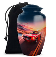 Indigo Car Cremation Urn angled view of lid and engraved motif - classic sculpted car pattern on smooth aluminum - full-size 10 inch 200 cubic inch adult cremation urn